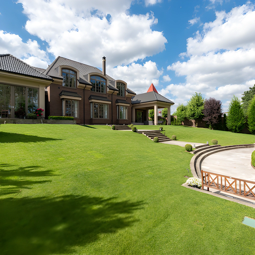 Large upscale two-story brick home with a manicured lawn, tiered stone steps and a curved patio area framed by trimmed hedges and ornamental topiary; bright blue sky with scattered clouds.